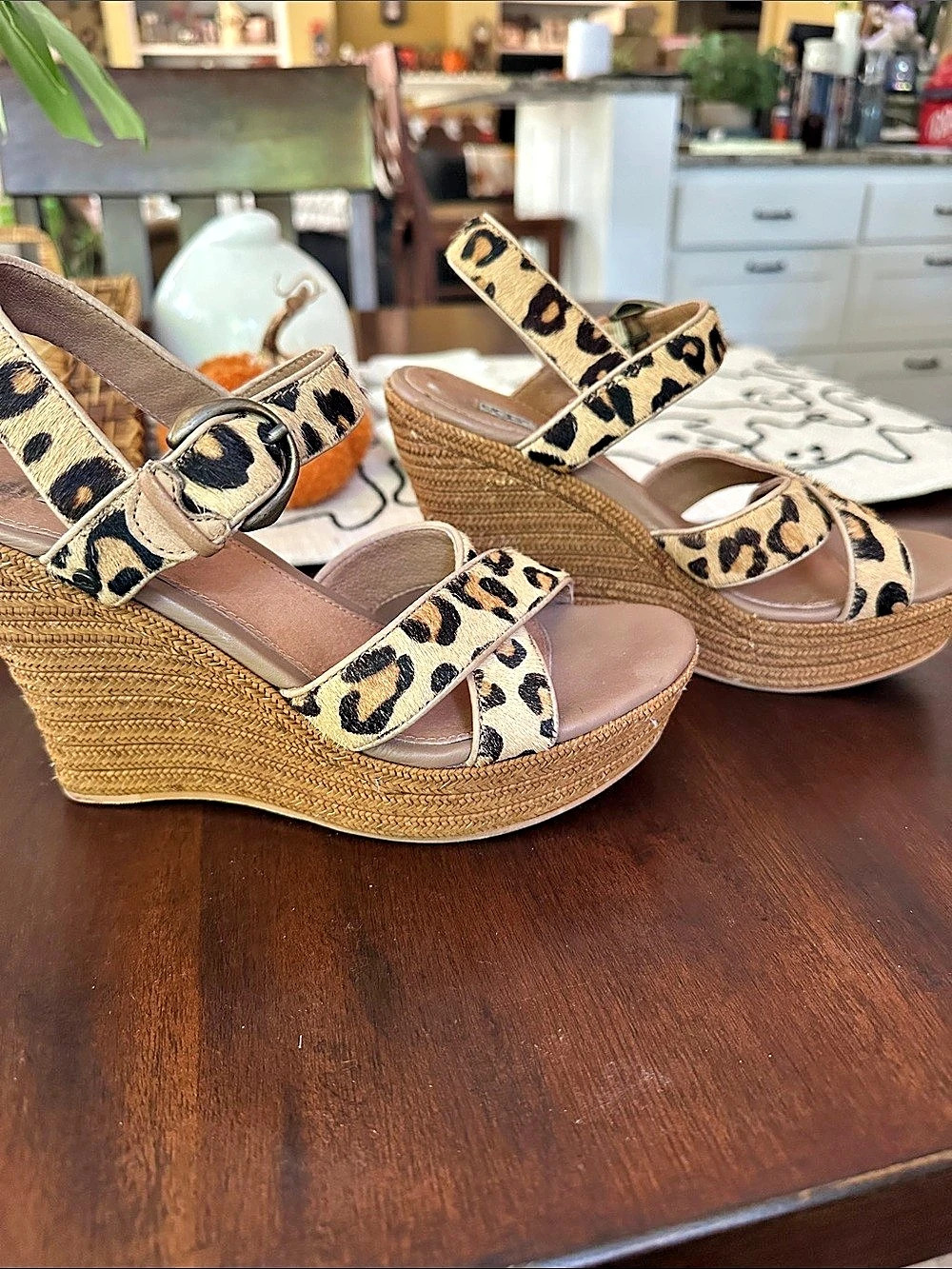 UGG Jazmine Calf Hair Leopard Wedge Sandals Brown & Black